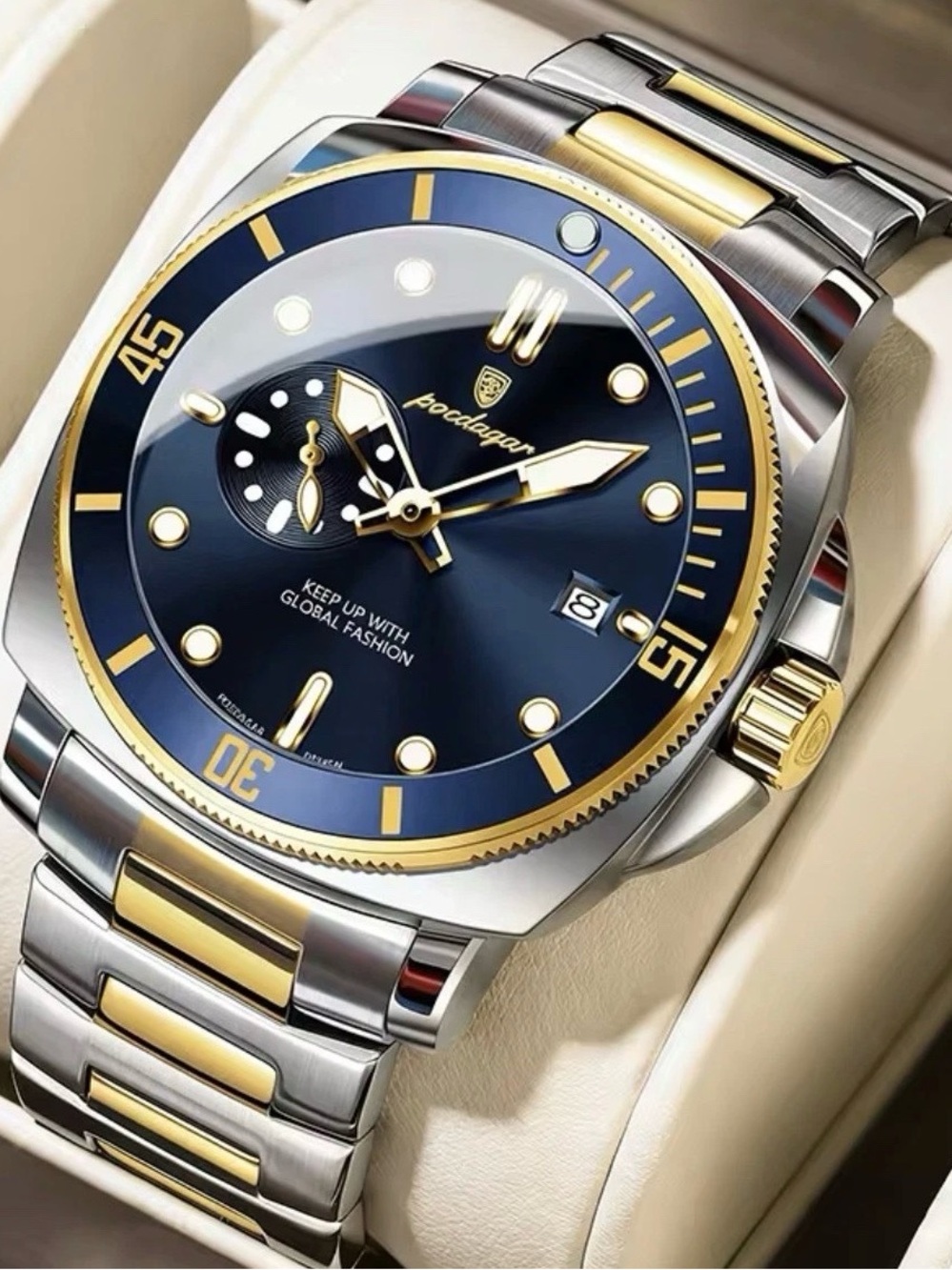 Men’s Blue & Gold Stainless Steel Wristwatch Luxury Style Date Display